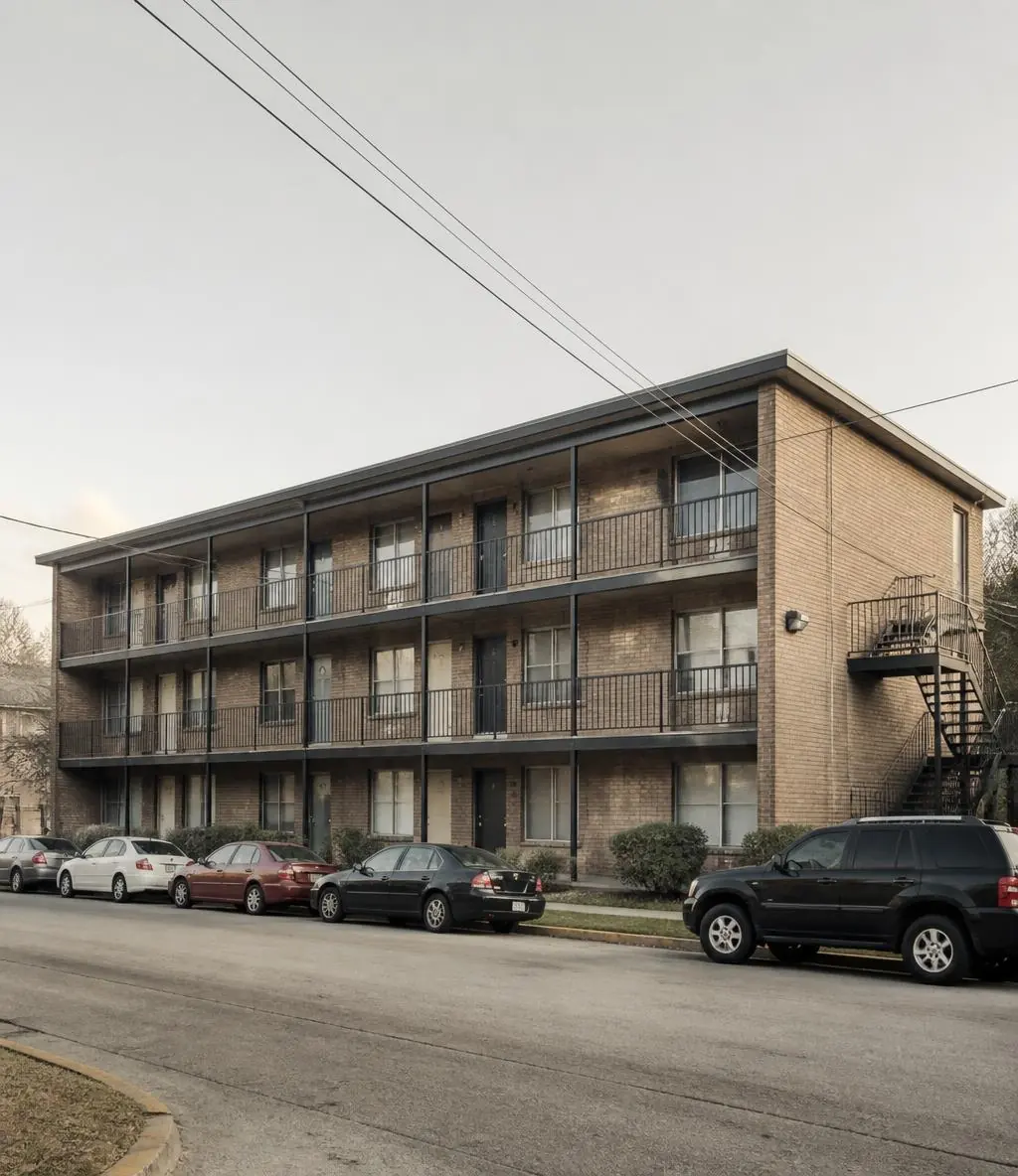 Three-story twelve-unit apartment building seen from the street