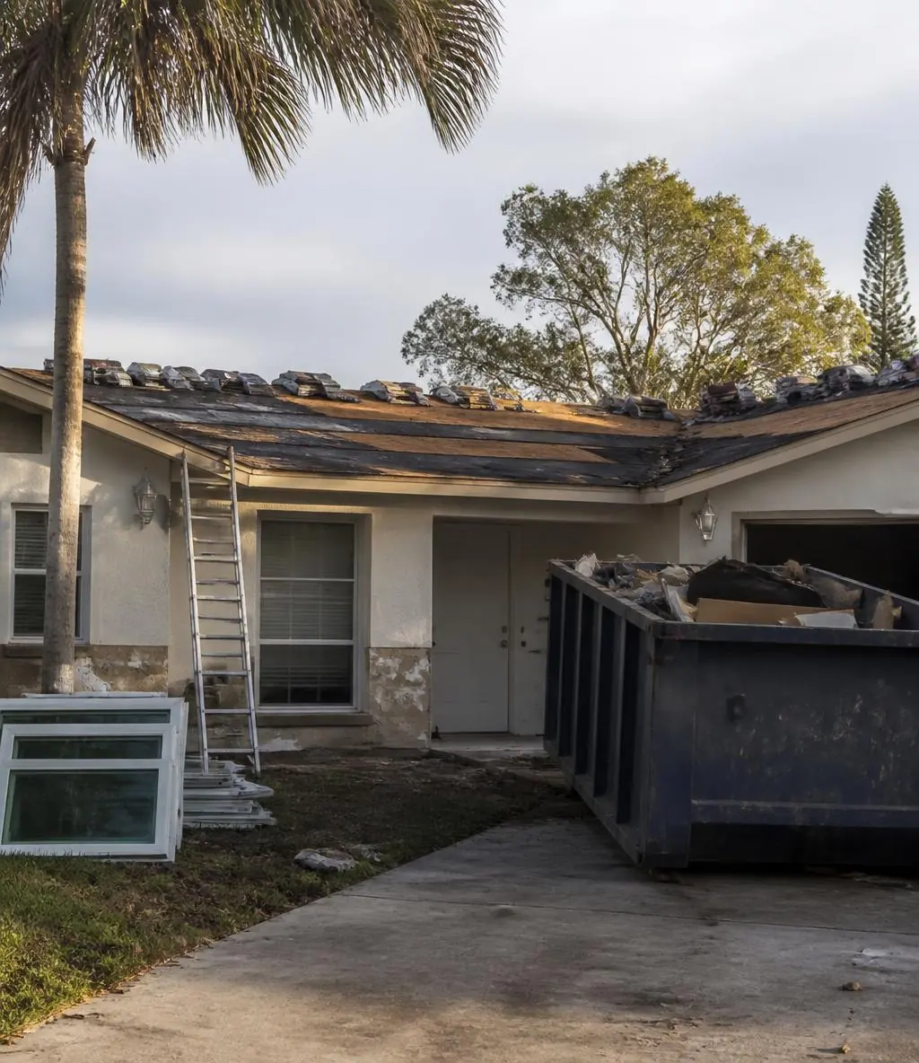 Single-family home mid-renovation with dumpster, ladder and new windows on site