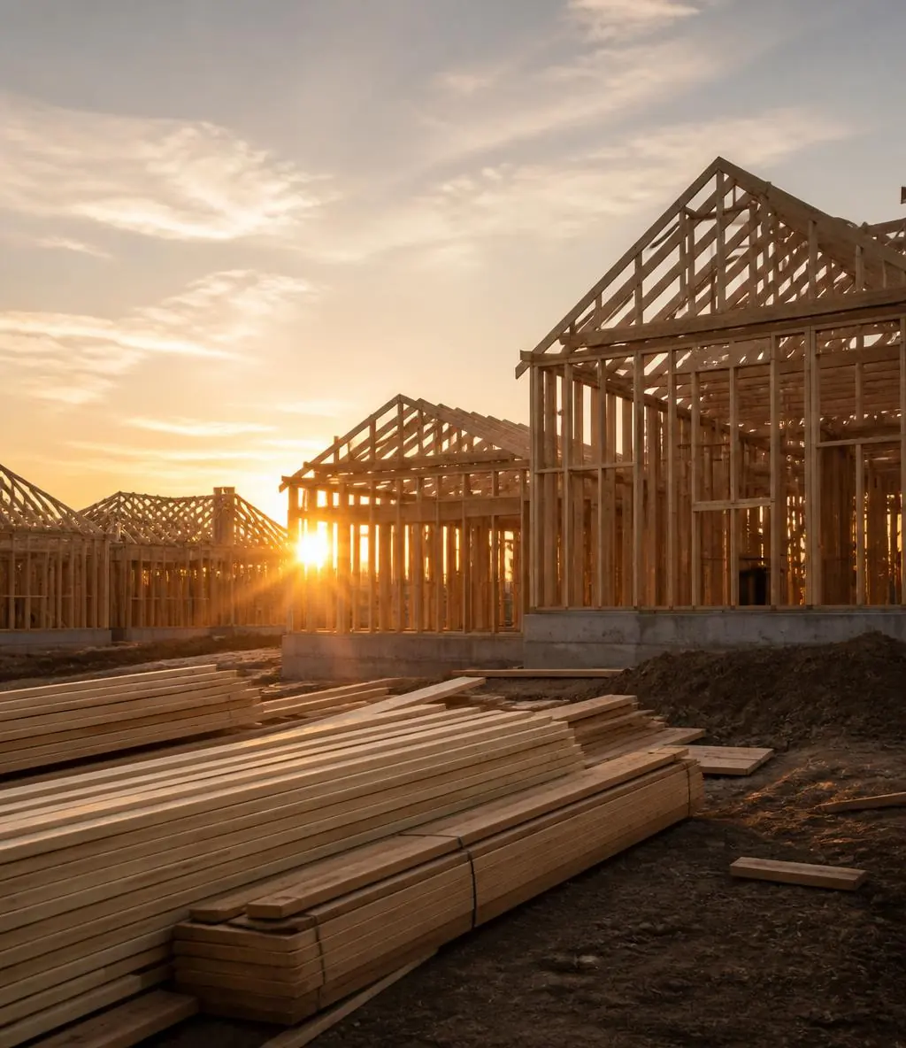 Wood-framed houses under construction at golden hour with stacked lumber