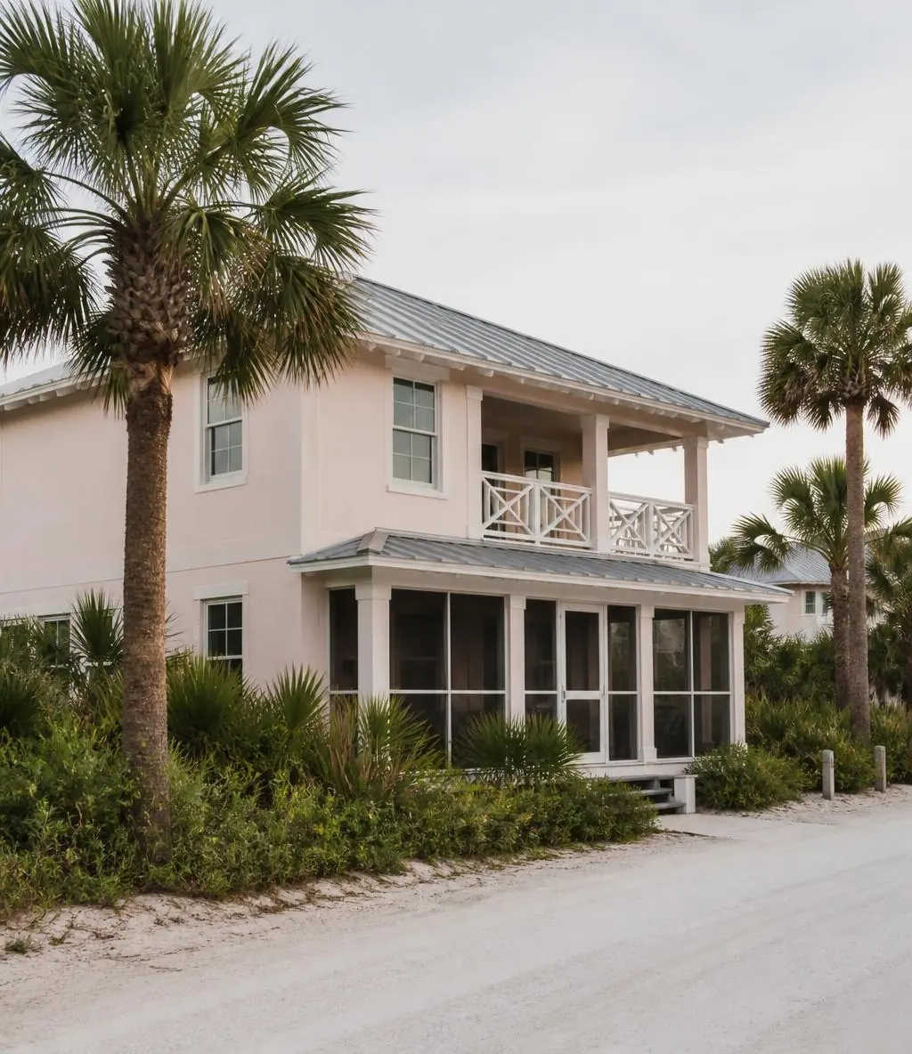 Two-story Florida coastal rental house with metal roof and screened porch