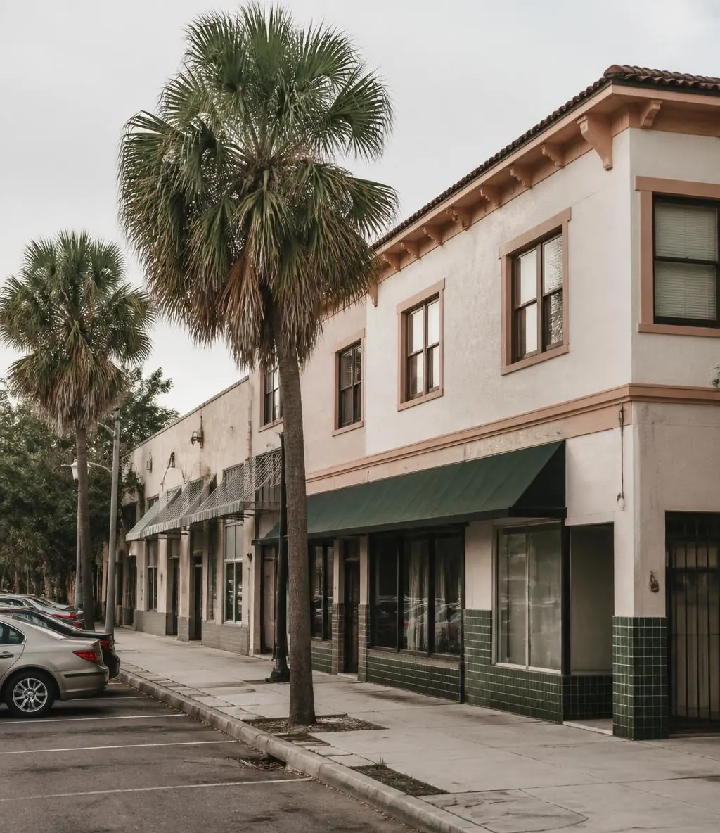 Two-story mixed-use building with ground-floor storefronts and apartments above