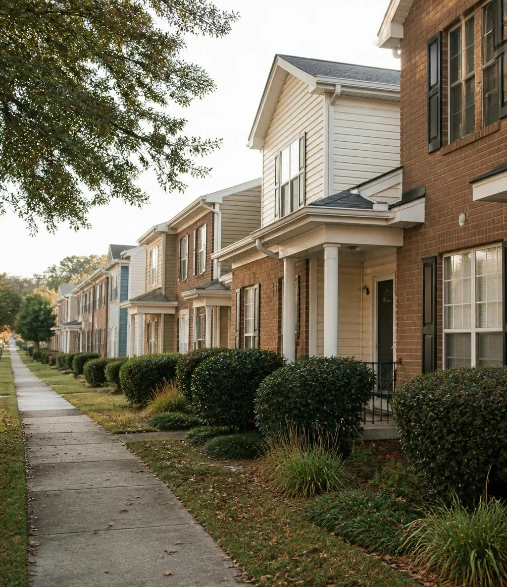 Row of brick and siding townhouses along a quiet suburban sidewalk