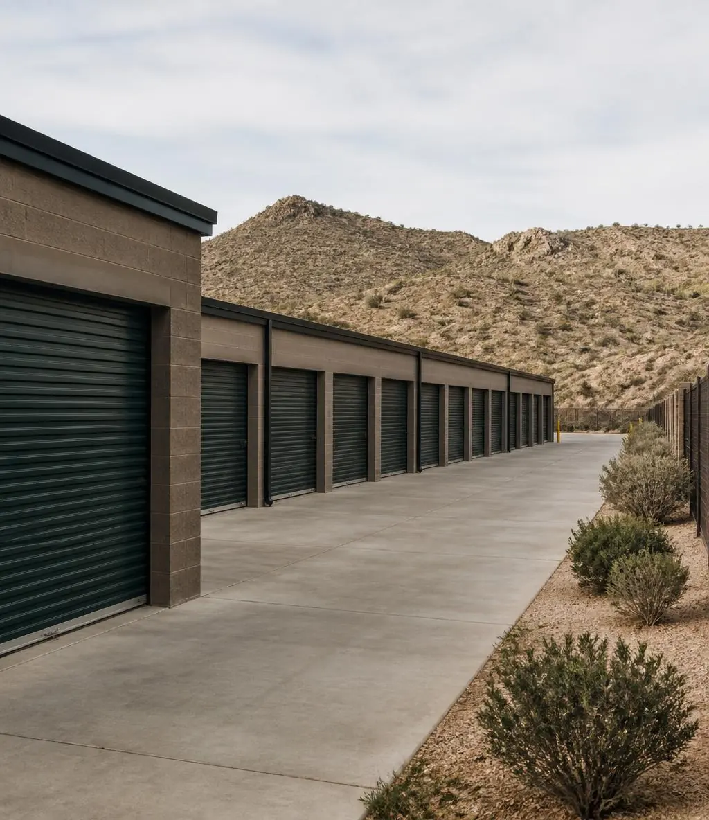 Single-story self-storage facility with rows of roll-up doors in the desert southwest