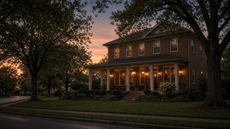 Three-story brick rental home with a wide lit porch on a tree-lined street at dusk