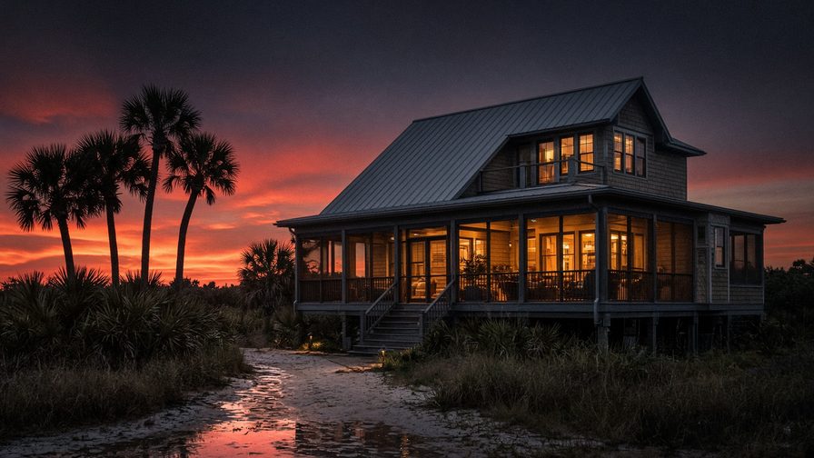 Coastal short-term rental house with a metal roof and glowing screened porch under palms at sunset