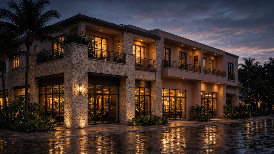 Two-story mixed-use building with lit ground-floor storefronts and apartments above on a wet street at dusk