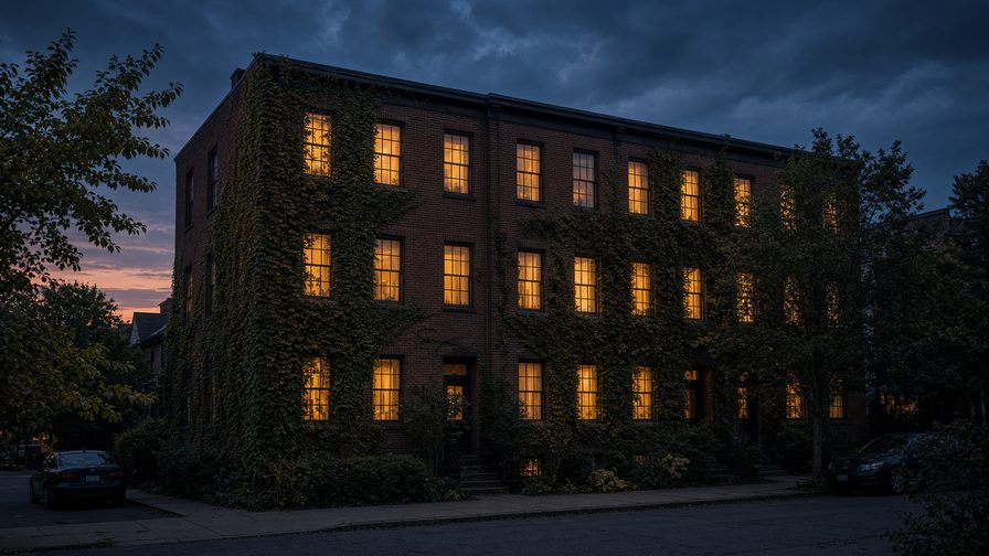 Ivy-covered brick multifamily building with lit windows on a corner lot at dusk