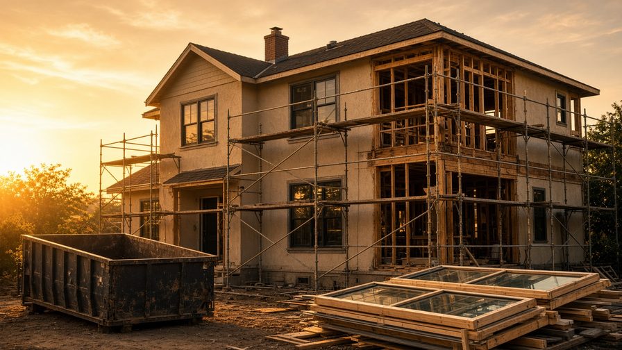 House mid-renovation with scaffolding, a dumpster and new windows waiting to be set at sunset