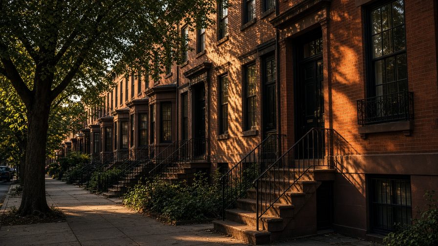 Row of brick townhouses with iron stoops along a tree-shaded sidewalk in late evening light