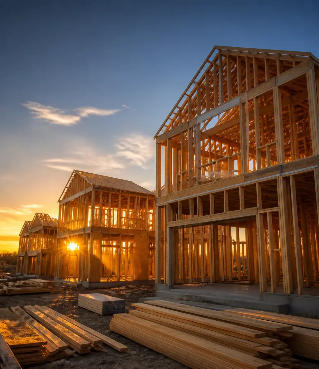 Wood-framed houses under construction at sunset with stacked lumber on site