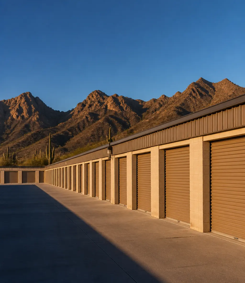 Single-story self-storage facility with rows of roll-up doors below desert mountains